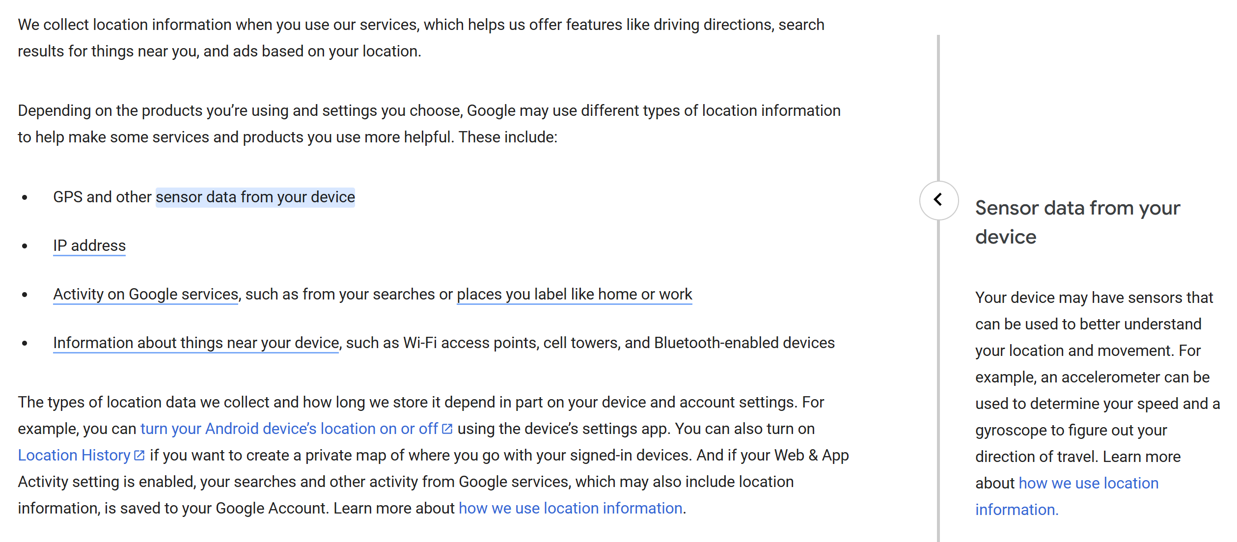 Google's privacy policy snippet highlighting their data collection practices